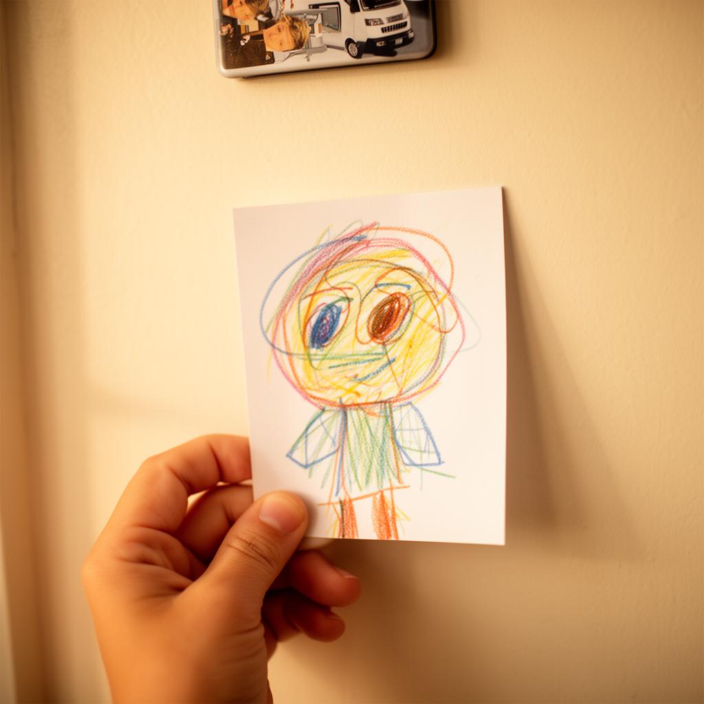 A child's drawing held against a fridge
